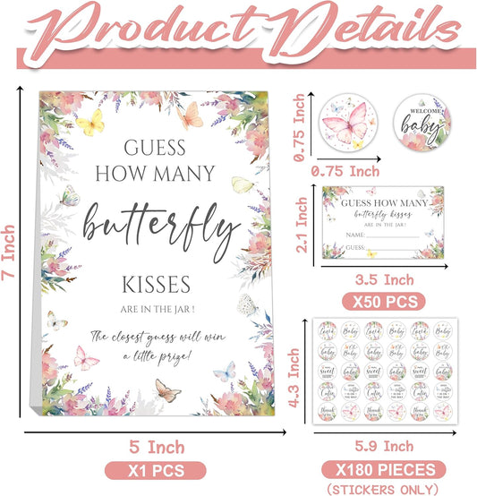 How Many Butterfly Kisses Baby Shower Game Set - Standing Sign, 50 Guessing Cards, 180 Stickers for Kid Showers
