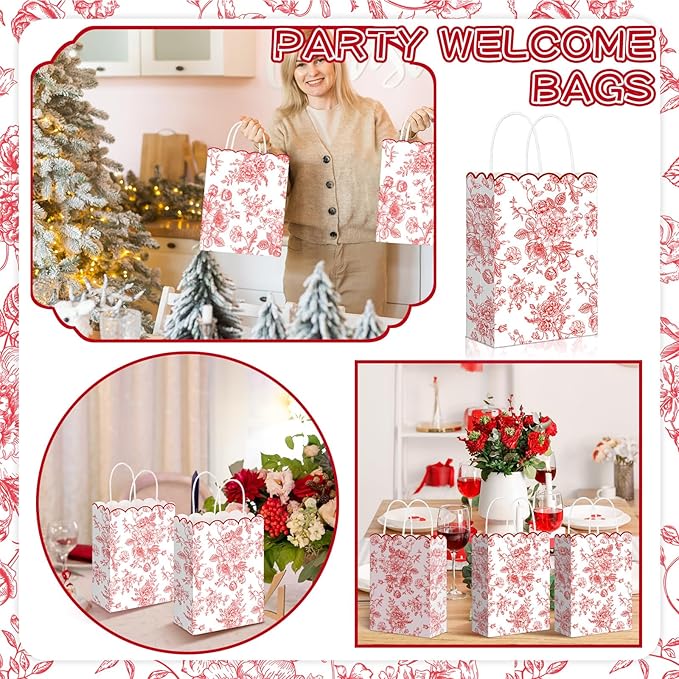 Kolldenn 24 Pcs Red Floral Party Favor Bags with Handles 10 x 5 x 13 Inch Large Scalloped Wildflower Goodie Candy Gift Treat Bags for Birthday Decoration for Bridal Baby Shower Party Supplie