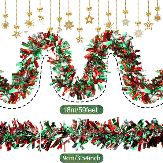 Dingion 59 Feet Christmas Tinsel Garland Metallic Twist Ornaments Hanging Glitter Xmas Garland for Christmas Tree Indoor Outdoor Decoration Party Supplies(Silver, Red, Green)