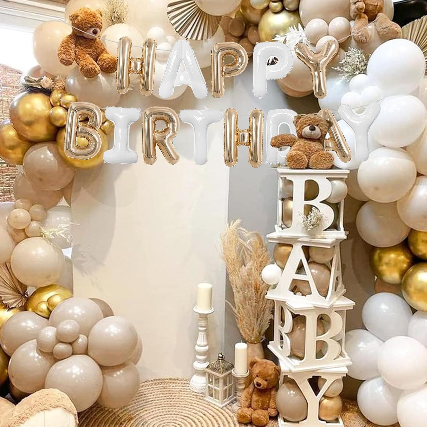 TONIFUL Happy Birthday Balloons Banner 16 Inch Mylar Foil Letters Birthday Sign Reusable for Girls Boys Kids & Adults Birthday Party Decorations Supplies(Champagne Gold White)