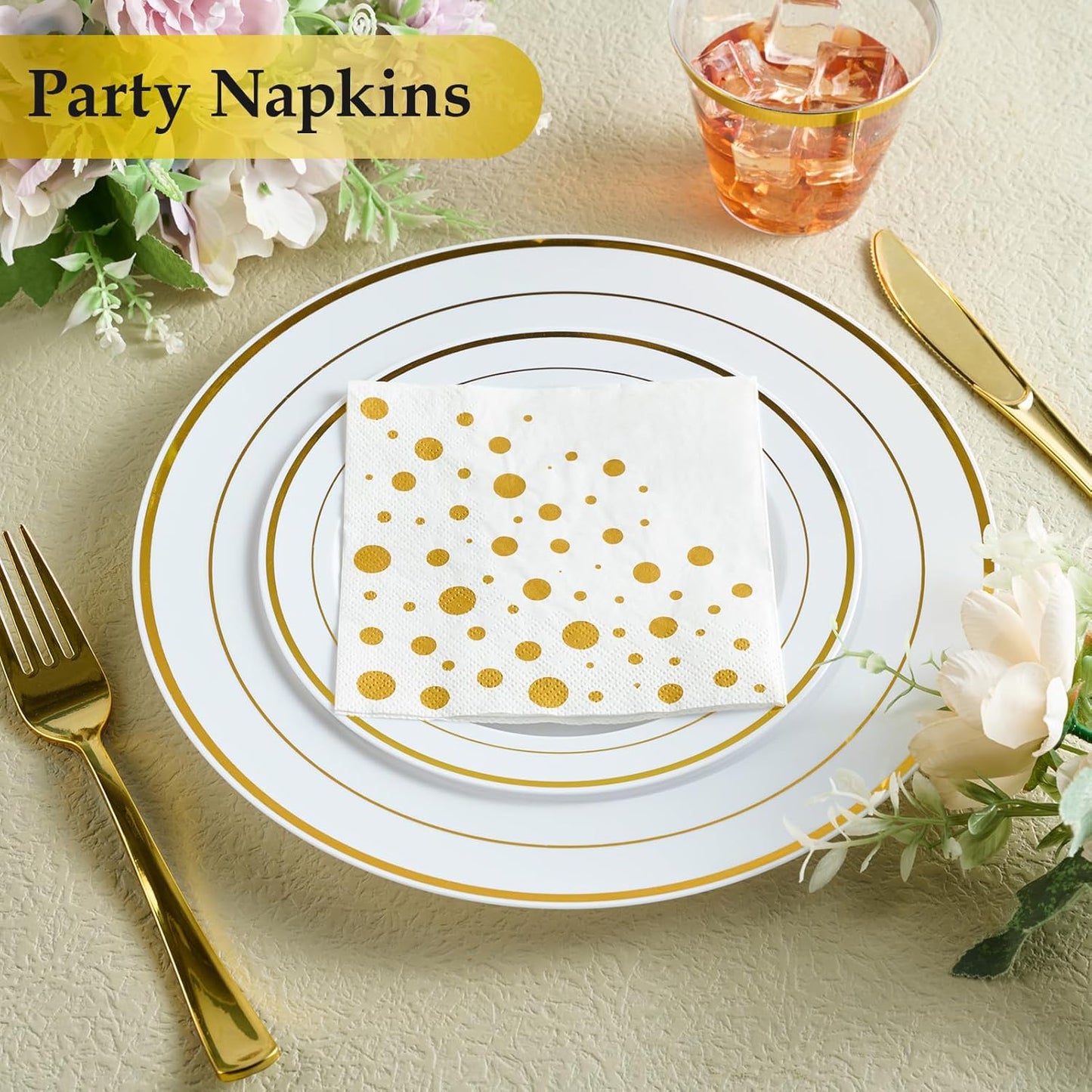 Vplus 100 Pack Cocktail Napkins Paper, 3-Ply Beverage Napkins, Disposable Gold Square Napkins, Perfect for Restaurant, Event, Bar, Wedding, Baby Shower and Birthday Party