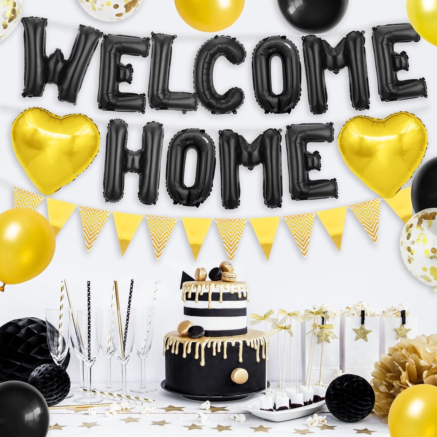 Welcome Home Decorations Black Gold,Welcome Home Foil Balloon Banner with Confetti Balloons,Gold Heart Balloons Pennant Flag Bunting for Housewarming Baby Shower Home Family Party Supplies