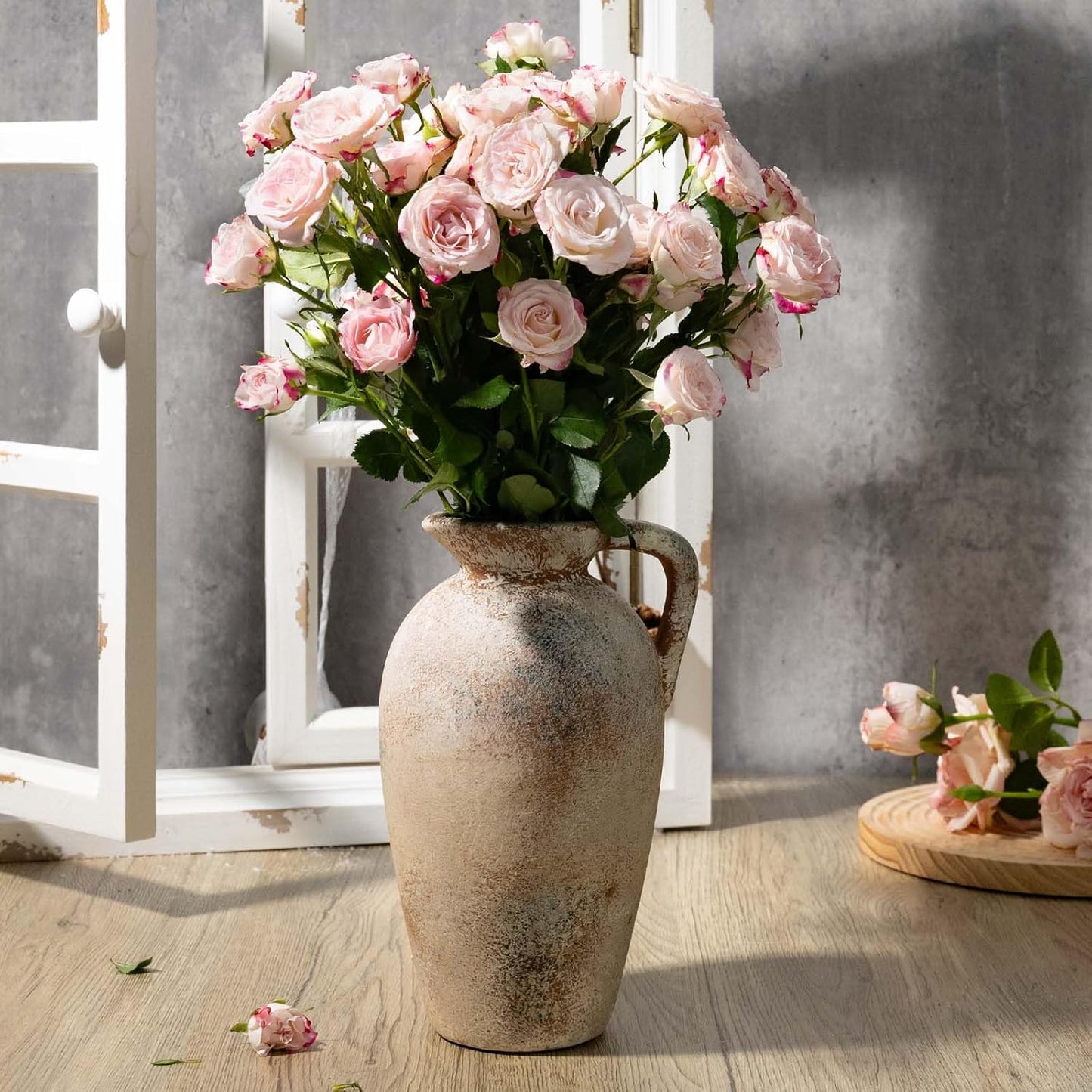 Rustic Ceramic Flower Vase with 1 Handle, Small Decorative Terracotta Boho Vase for Living Room, Table Centerpiece, Shelf Decor, Farmhouse, Entryway - 8.8 Inch Tall, Vintage Gray