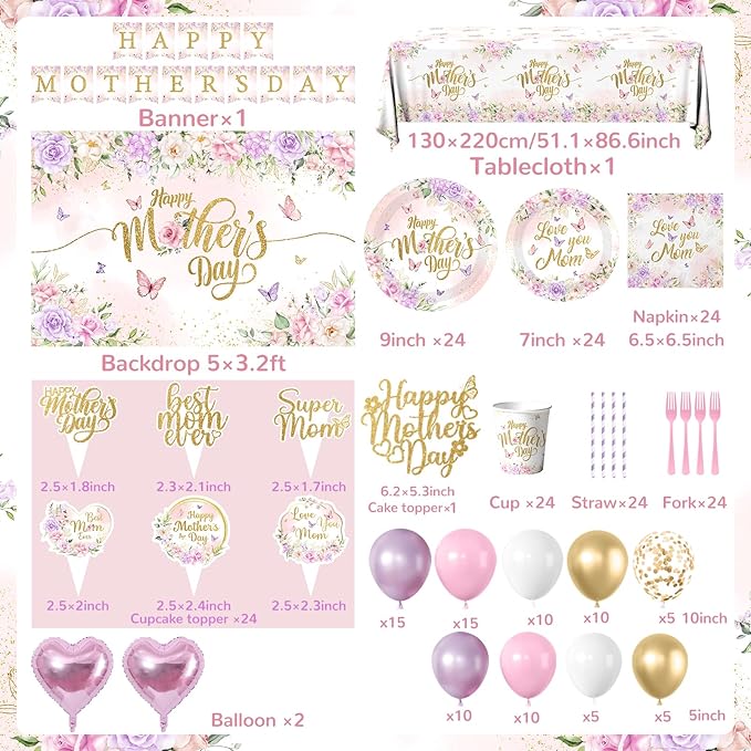 Happy Mother's Day Party Supplies,Pink and Purple Mothers Day Plates,Napkins,Balloon Arch,Banners,Cake Toppers Spring Floral Theme Love You Mom Decorations for Best Mom Ever Party Favor Serve 24