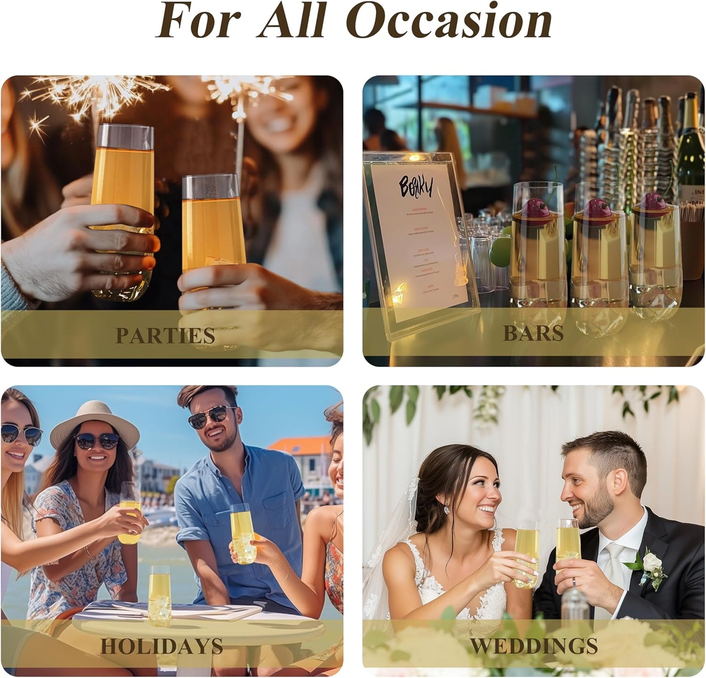 24 Pack 9 oz Stemless Plastic Champagne Flutes, Clear Disposable Champagne Toasting Glasses, Shatterproof and BPA-Free Drinkware for Party & Graduation & Wedding