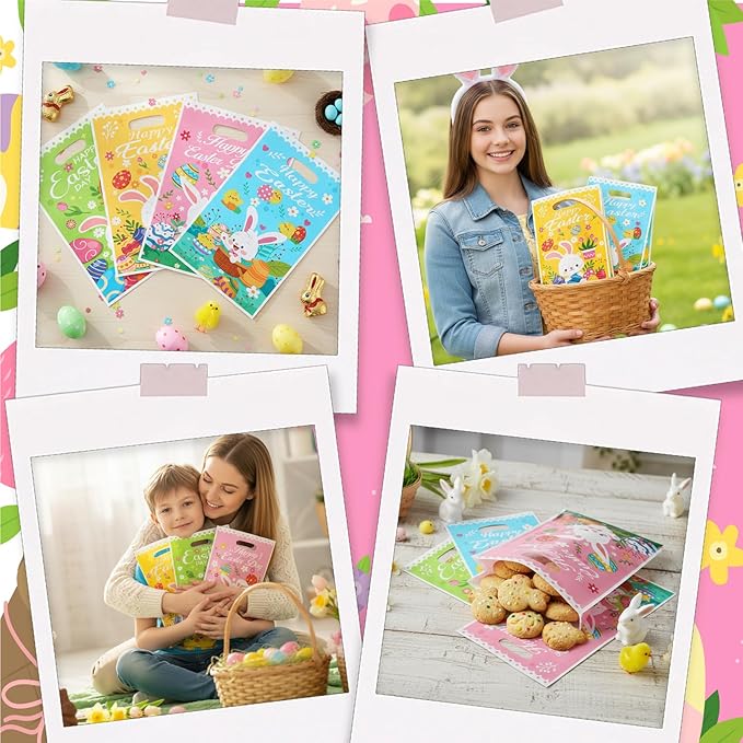 Easter Treat Bags, 100 PCS Easter Gift Bags with Handles, Plastic Happy Easter Day Cookie Goodie Candy Bag Easter Bunny Cute Spring Party Favor Bag for Easter Party Favors Supplies, 6.5x10 Inch