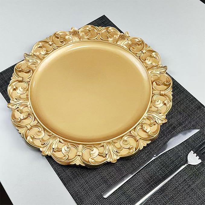 6 Pack Gold Charger Plates 13" Round Charger Plates for Dinning Plates with Embossed Rim Plastic Charger for Dinner, Wedding, Elegant Tableware Decor