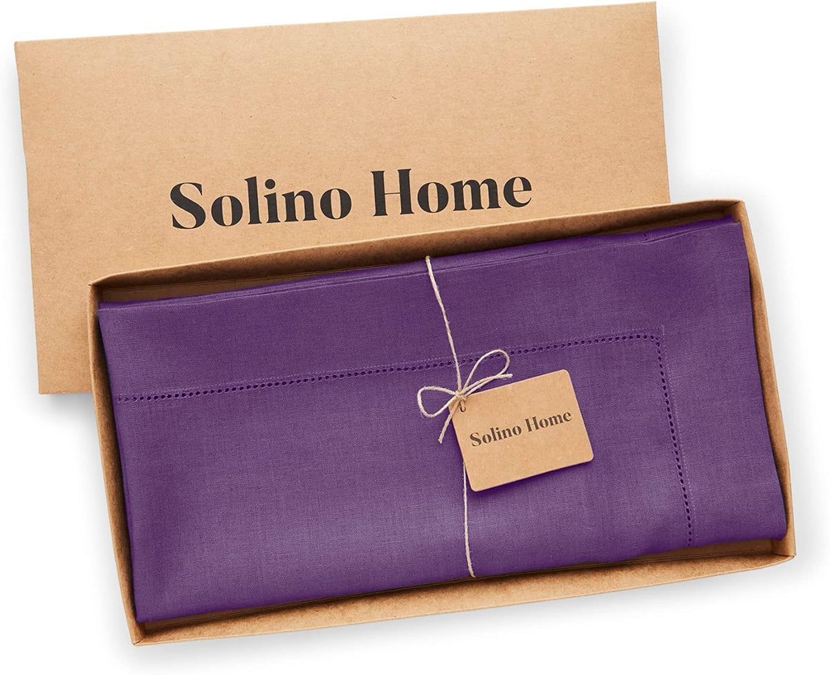 Solino Home Square Linen Tablecloth 52 x 52 Inch - 100% Pure Linen Purple Table Throw - Classic Hemstitch, Machine Washable Table Cloth for Fall, Autumn, Halloween, Thanksgiving