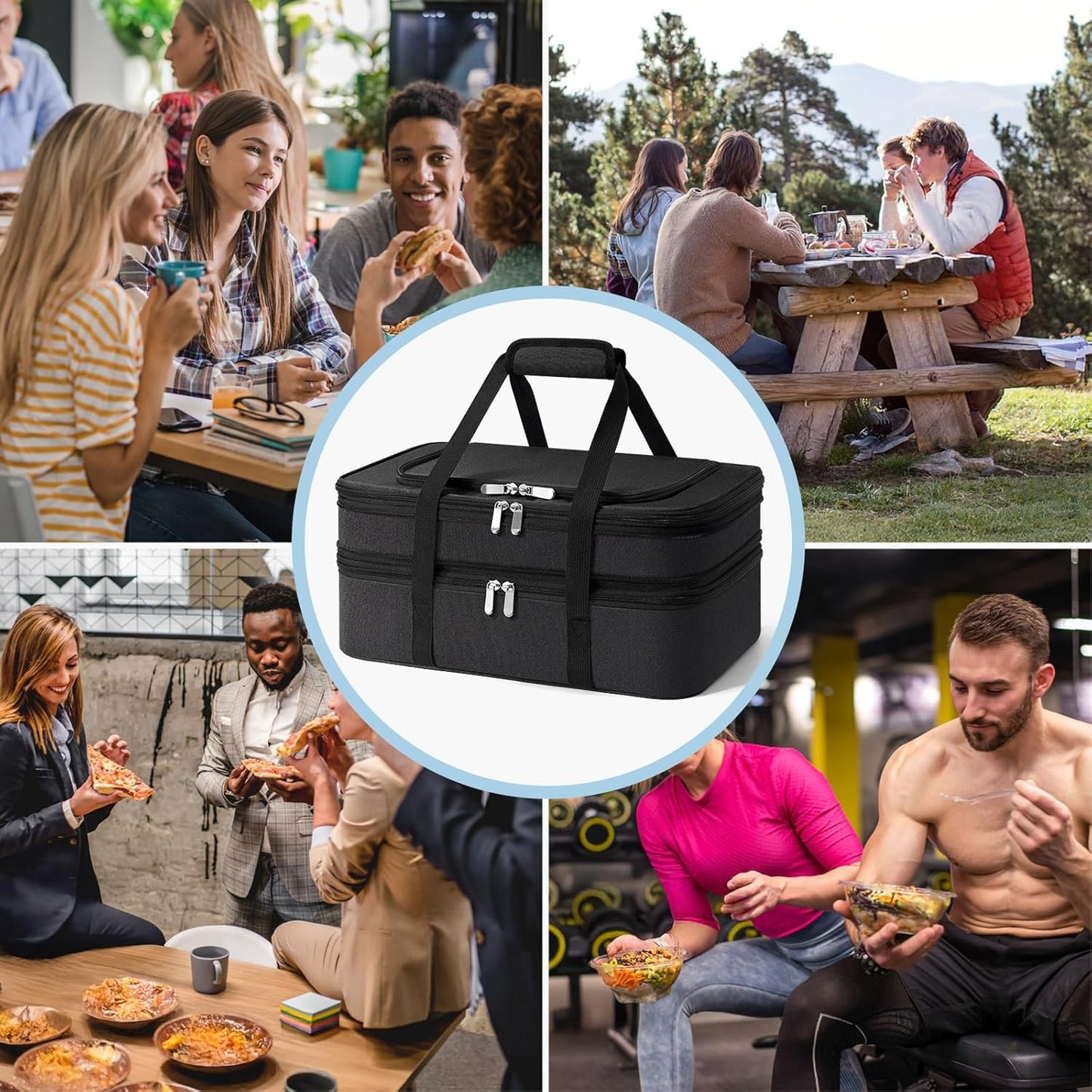 Insulated Double Casserole Carrier - Portable Casserole Carriers for Hot or Cold Food Lunch Tote Warmer or Cooler Bag for Potluck Parties Picnic Cookouts, Fits 9" x 13" Baking Dish -Black