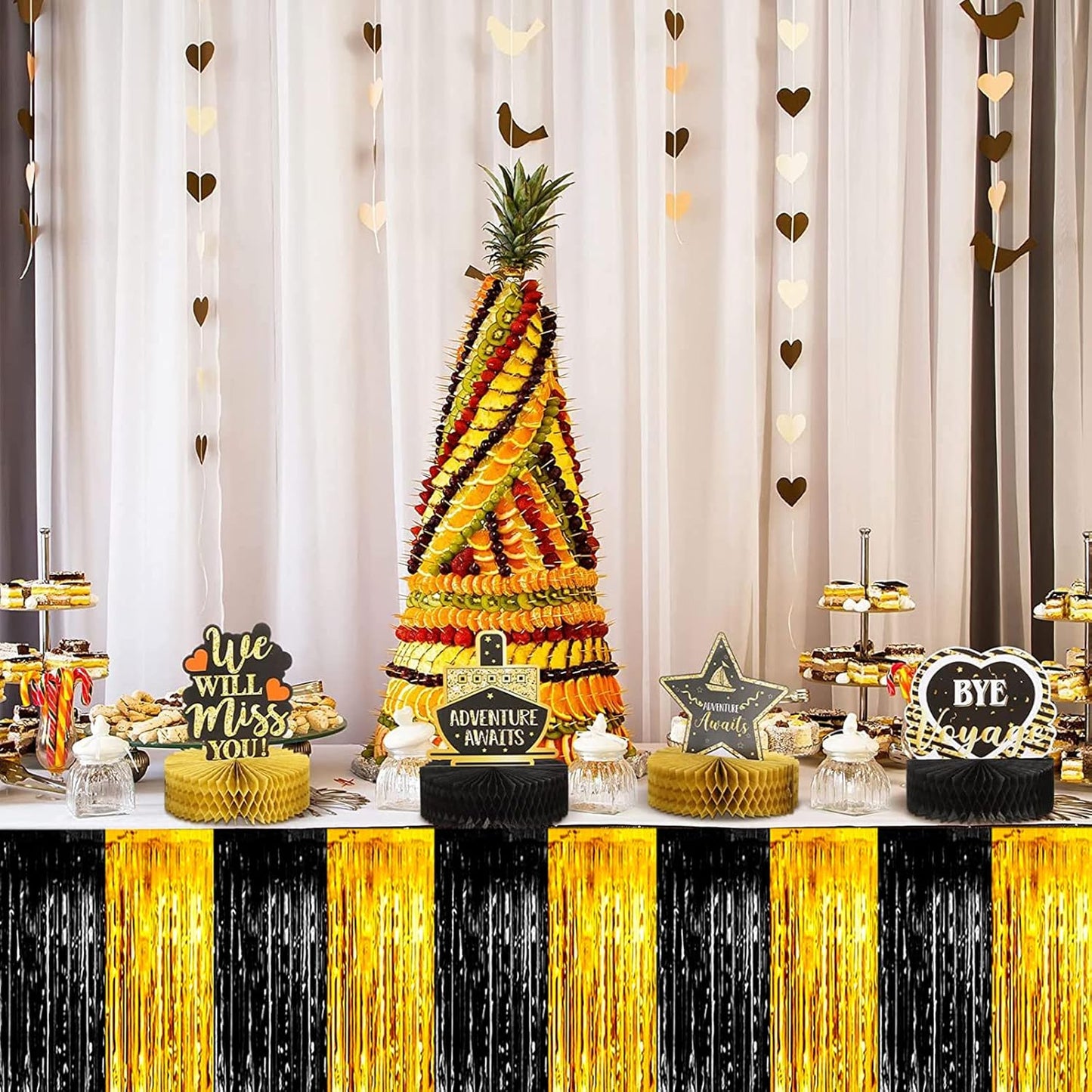 6 Pack 29x108 Inch Metallic Foil Fringe Table Skirts Banner for Tinsel Streamer Garland Curtains Backdrop for Parade Floats Wedding Baby Shower Birthday Graduation Party Decorations(Black Gold)