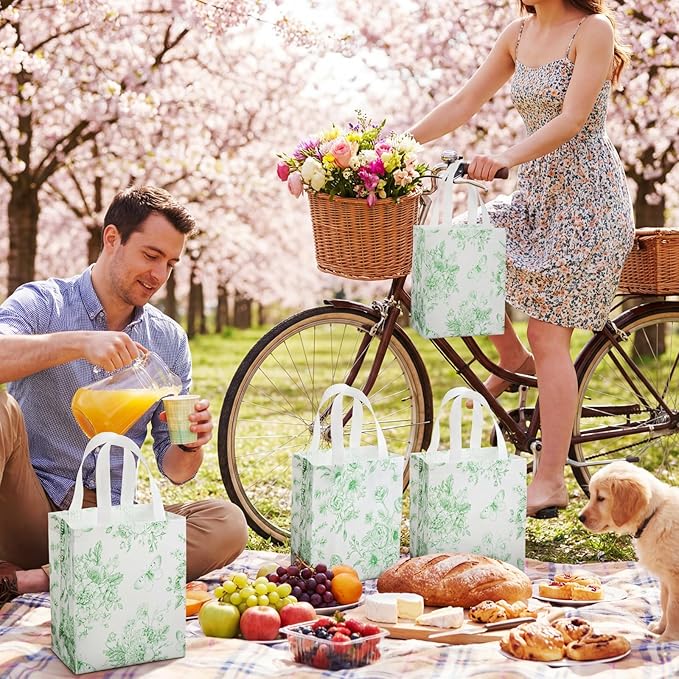 Wovnet 30 Pcs Green Floral Gift Bags Bulk Reusable Non Woven Vintage Floral Tote Treat Goodie Candy Bags with Handle Spring Flowers Party Favors Pouch for Holiday Wedding Party Decor 10 x 8 x 4 Inch