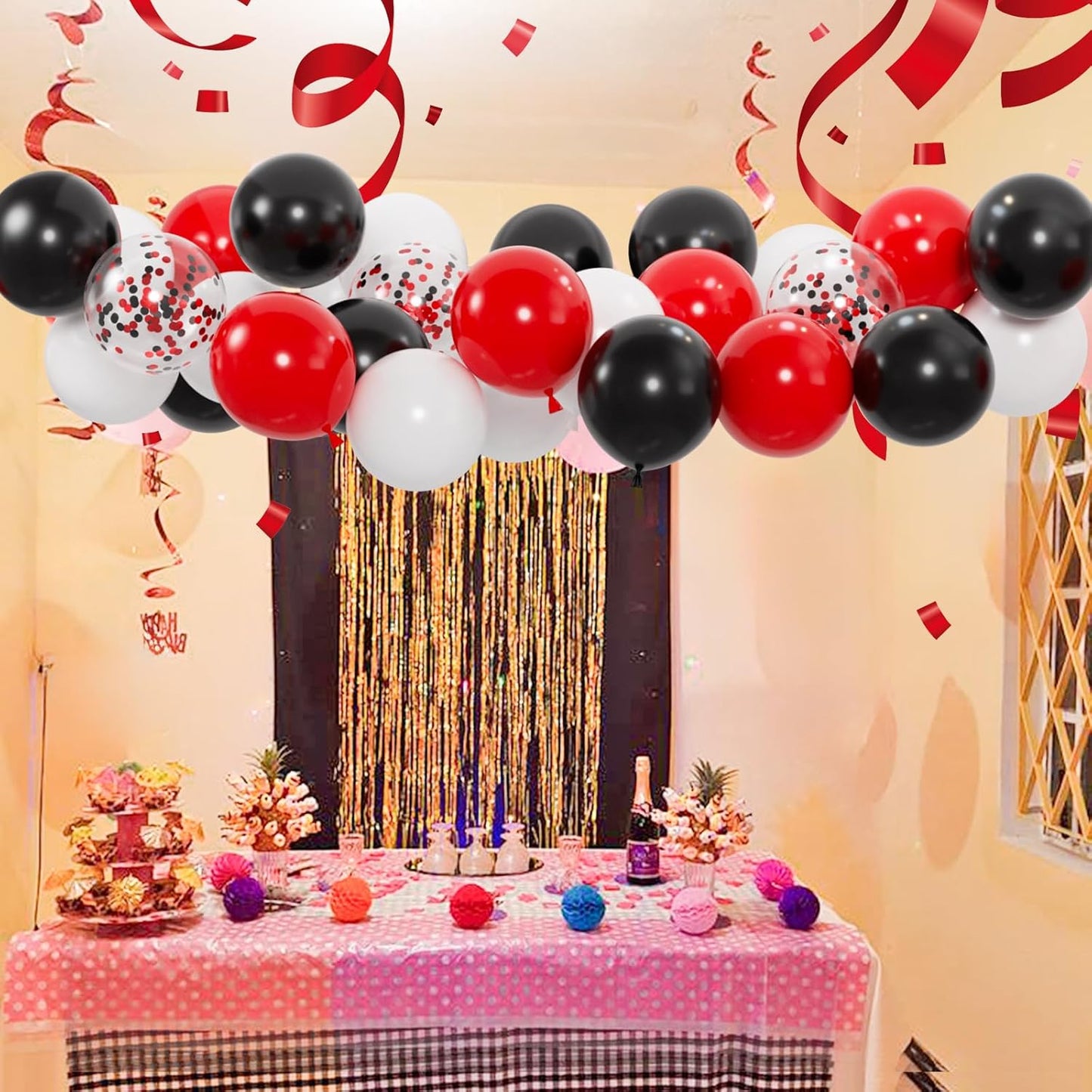 50pcs Red and Black Balloons, 12inch Red and White With Confetti Balloons for Class of 2025 Graduation, Birthday Decorations, Baby Shower, Casino, Race Car Party Supplies