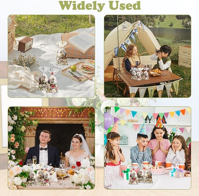 CANIPHA 100Pcs Wildflower Party Cellophane Treat Bags Plastic Floral Candy Cookie Packing Clear Goody Gift Bags Favor Decorations 4 Design with 100 Ties for Birthday Baby Shower Tea Party Supplies