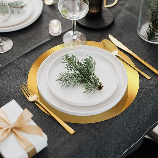 KesaPlan 100PCS Round Gold Placemats, 13" Disposable Paper Placemats for Dining Table, Mirrored Gold Charger Place Mat for Kitchen Banquet Table Setting Wedding Birthday Dinner Party Decor
