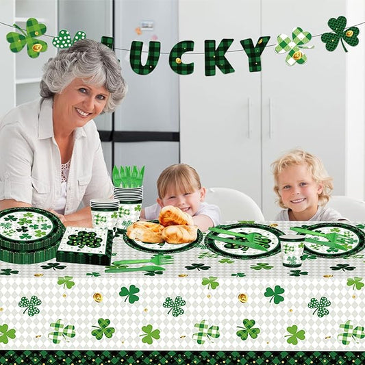 98PCS St Patrick's Day Party Supplies Green Irish Shamrock Tableware Set Lucky Shamrock Birthday Party Supplies St Patrick's Day Party Decorations Irish Shamrock Paper Plates and Napkins for 16 Guests