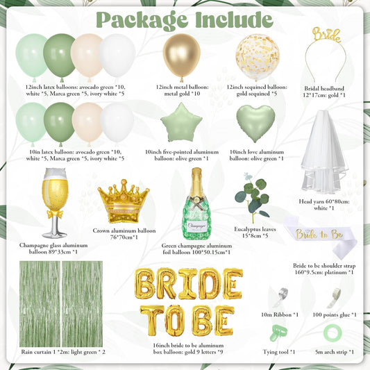 Ouddy Life Sage Green Bachelorette Party Decorations, Bride to Be Bridal Shower Decoration with Crown Champagnes Wineglass Heart Foil Balloons, Veil Sash, Fringe Curtains Engagement Wedding Supply