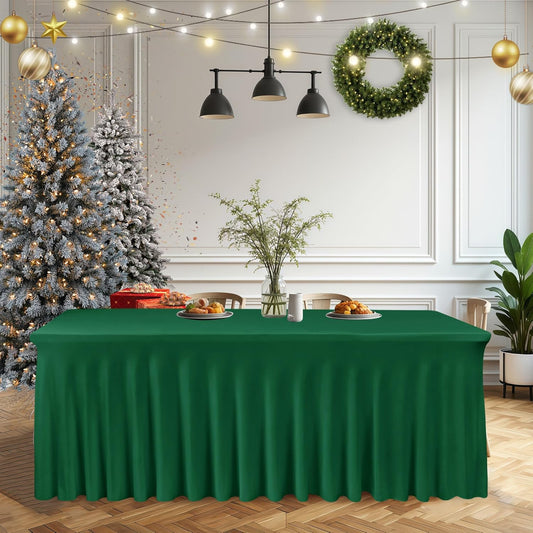 HolidayIdeas 2 Pack Hunter Green Spandex Table Skirt for 6ft Rectangle Desk, 72 Inch Fitted Cover for Christmas Dinner Buffet