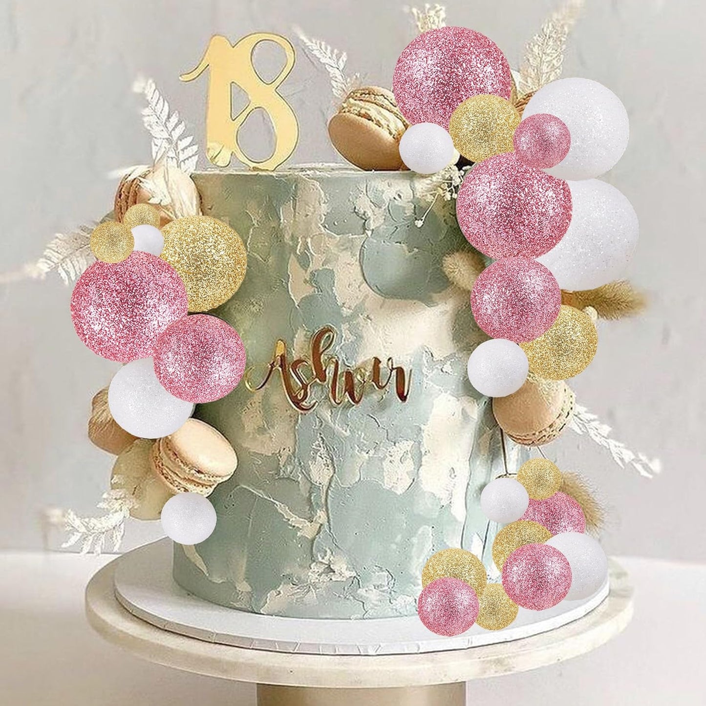 30Pcs Glitter Balls Cake Topper Mini Balloons Cake Toppers Foam Ball Cake Decorations Baby Shower Wedding Anniversary Graduation Birthday Party Supplies Champagne Gold White Rose Gold