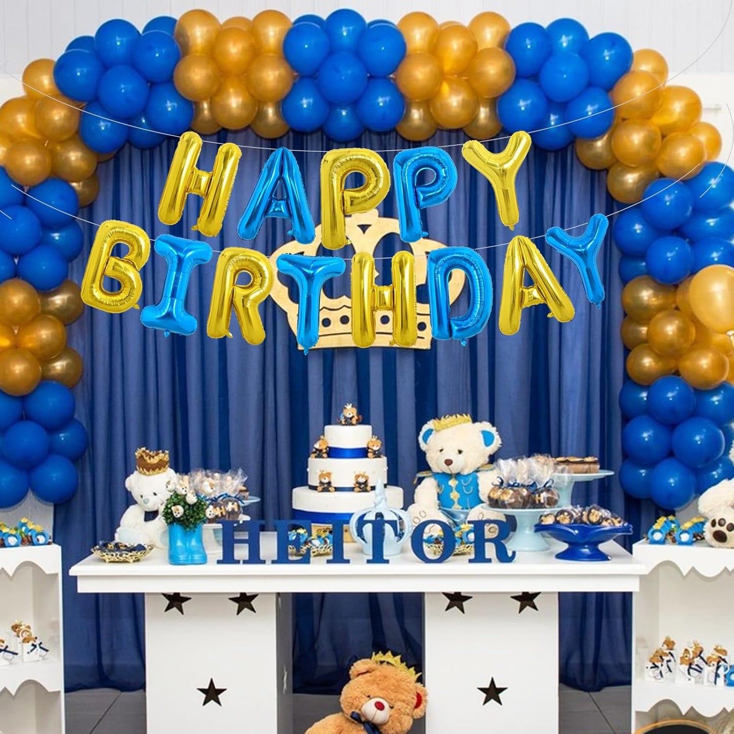 TONIFUL Happy Birthday Balloons with Ribbon Straw, 16 Inch Mylar Letters Birthday Sign Banner Bunting Reusable for Girls Boys Kids & Adults Party Decorations Supplies(Gold Blue)