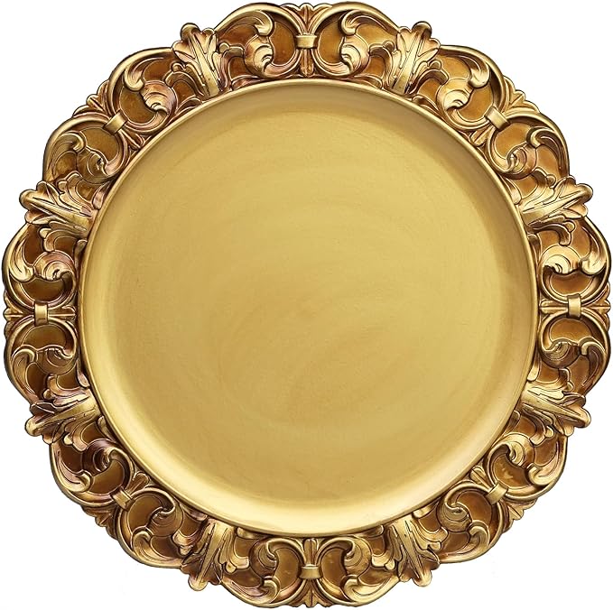 13" Antique Gold Charger Plates, Set of 6 Plastic Textured Chargers for Dinner Plates with Embossed Rim, Table Décor, Party, Wedding, Holiday