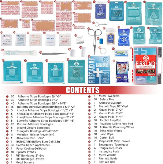 Professional First Aid Kit - 310 Piece HardCase Medical Kit for Home, Car, Camping, Travel, Hiking, Truck, Office, Sports, Vehicle & Outdoor Emergencies