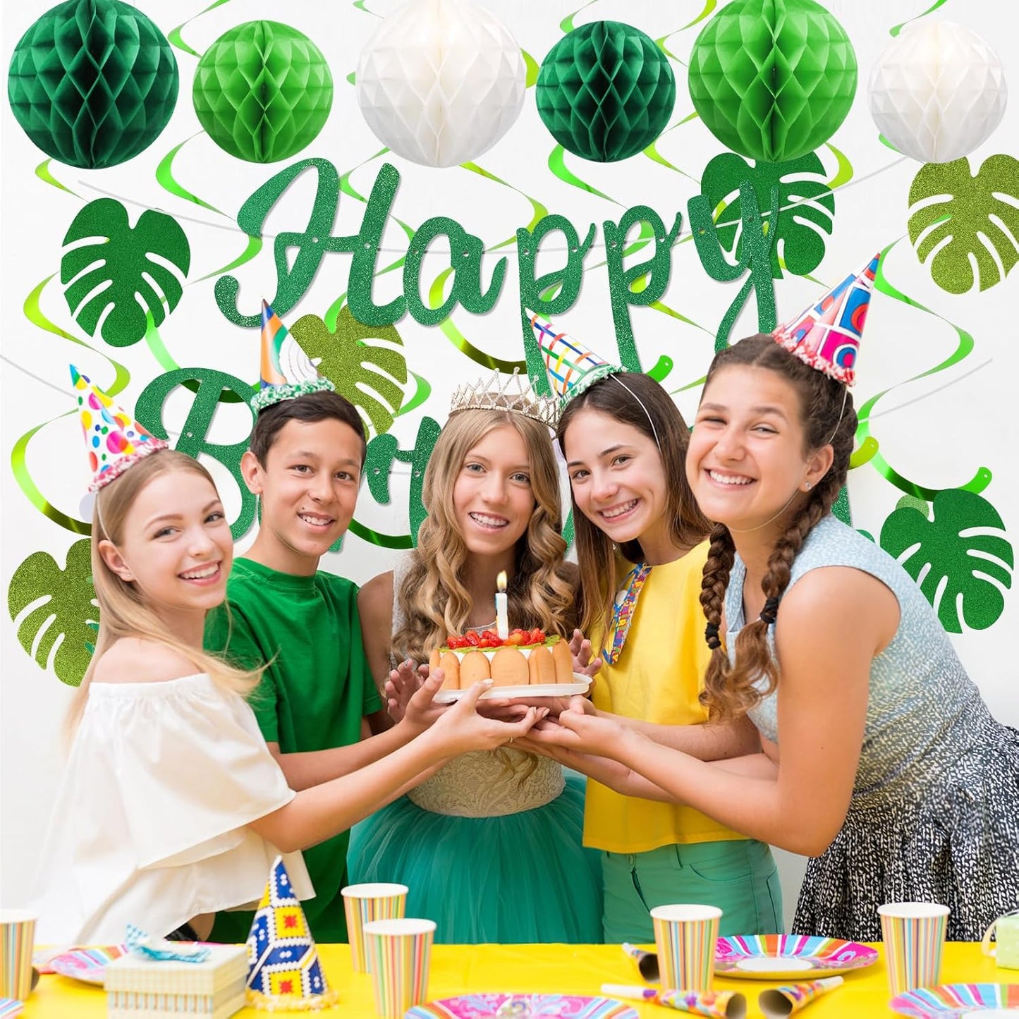 Birthday Decorations, NO DIY, Pre-Strung Happy Birthday Banner with Honeycomb Balls, Hanging Swirls, Circle Dots Garland, Happy Birthday Party Decorations for Women Men Boys Girls (Green)