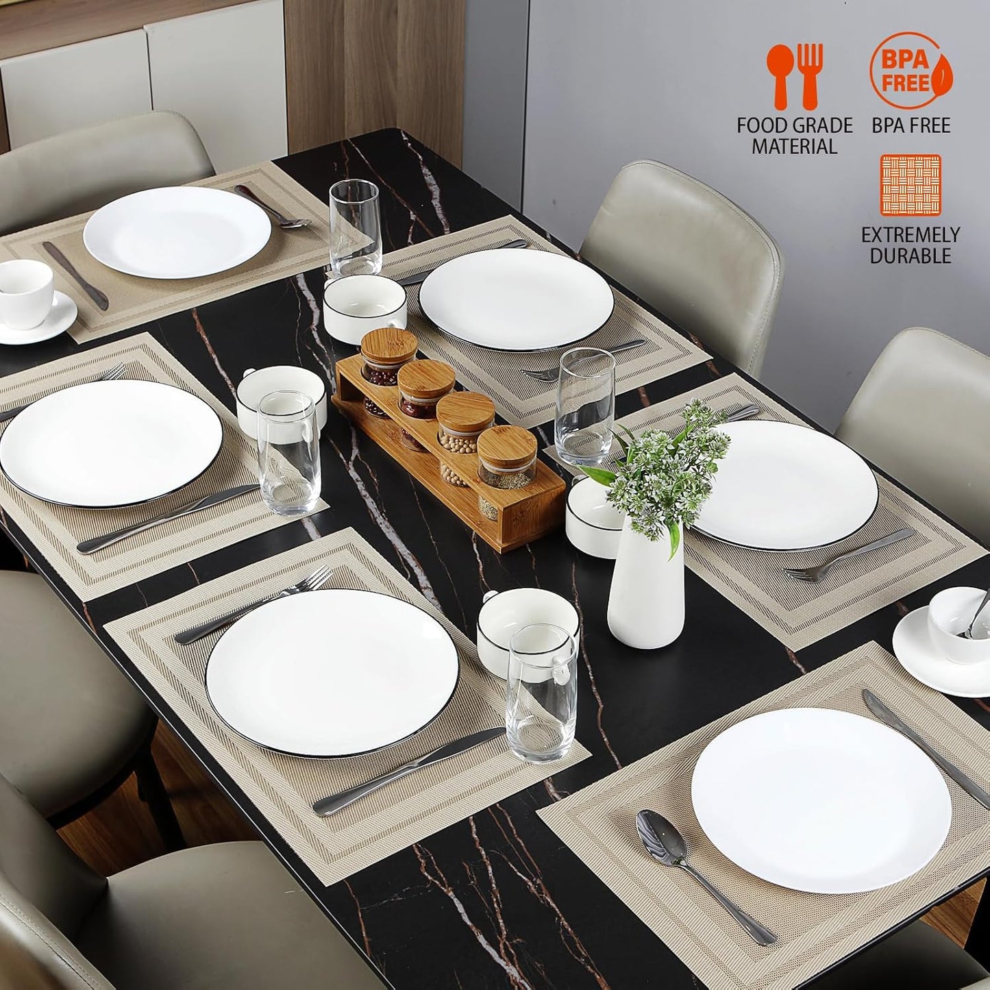 Placemats Set of 8,Washable,Heat and Stain Resistant Indoor/Outdoor Place mats,Vinyl Woven Non Slip Table Mats for Restaurant Table Protection,PVC Placemats(Beige,8PCS)