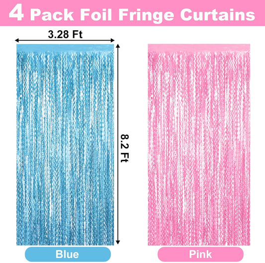 4 Pack Macaron Pink Blue Fringe Curtain Backdrop 3.2Ft x 8.2Ft Metallic Tinsel Foil Fringe Streamers Background for Photo Booth Mother's Day, Easter, Carnival, Birthday, Wedding Party Decoration