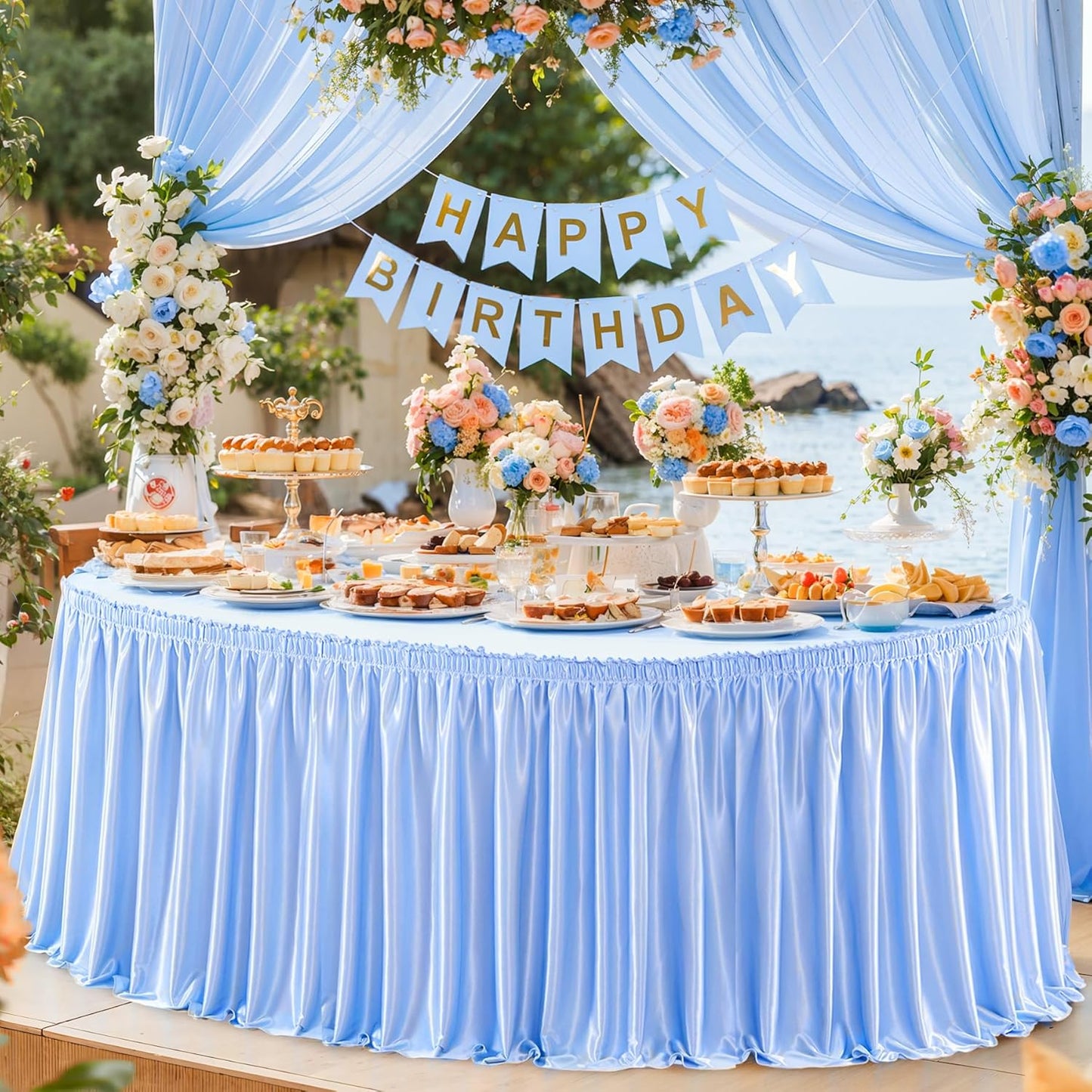Wish Care 21ft Length Baby Blue Satin Table Skirt for Rectangle Tables Wrinkle Free Glitter Desk Skirts Pleated Ruffle Table Cloth for Baby Shower Gender Reveal Birthday Shark Theme Party Table Decor