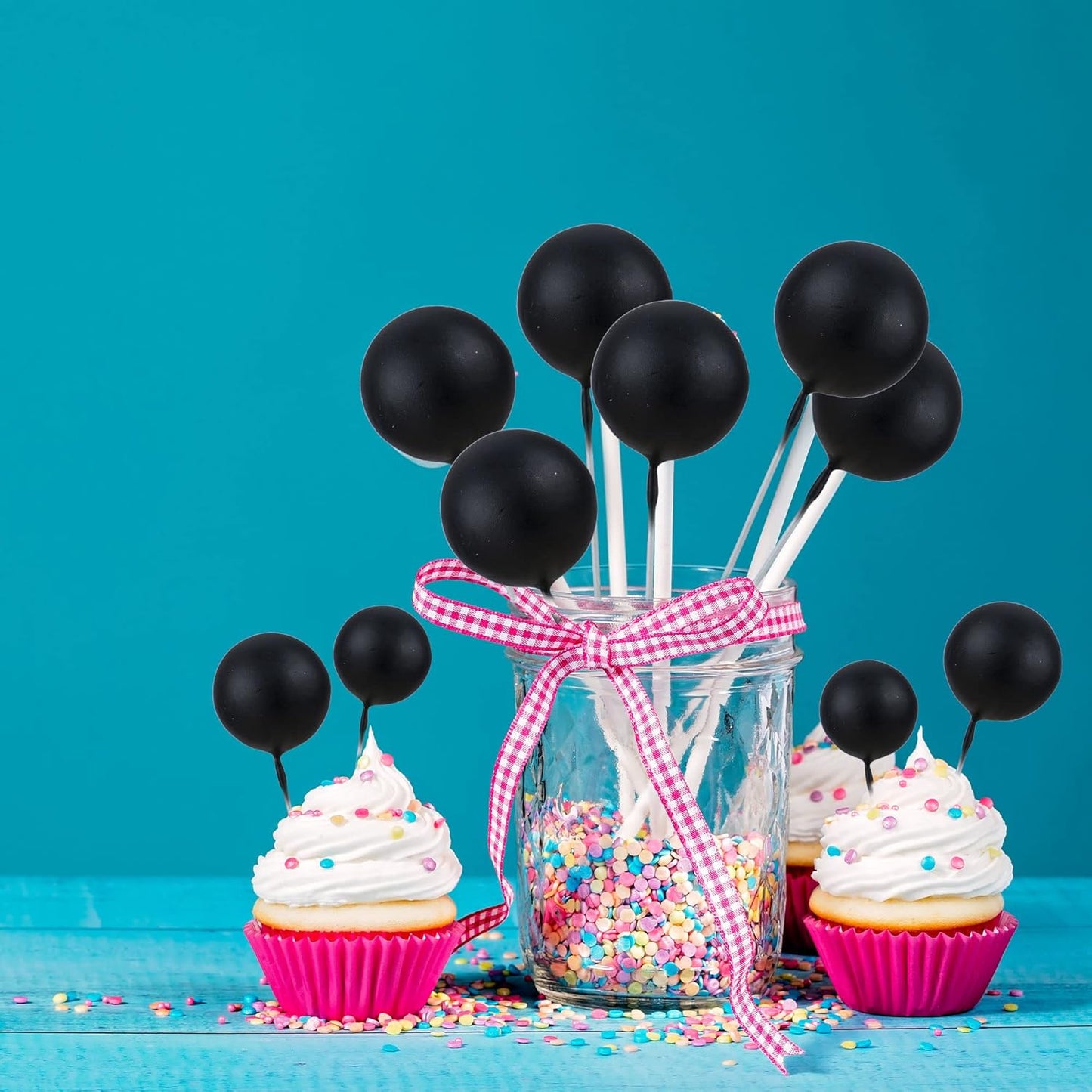 Gyufise 30Pcs Mini Balloon Cake Topper Foam Ball Cake Picks Cupcake Faux Pearl Balls DIY Cake Insert Topper Decoration for Anniversary Graduation Birthday Party Baby Shower Black