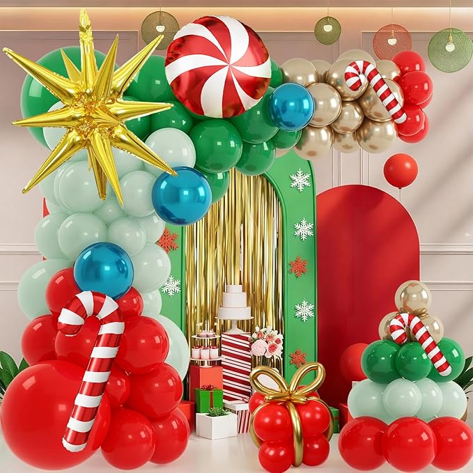Christmas Balloons Garland Arch Kit, Red Dark Green Gold Metallic Balloons Candy Cane Star Foil Mylar Balloons for Winter Xmas Merry Christmas Baby Shower Ugly Sweater Birthday Party Decorations