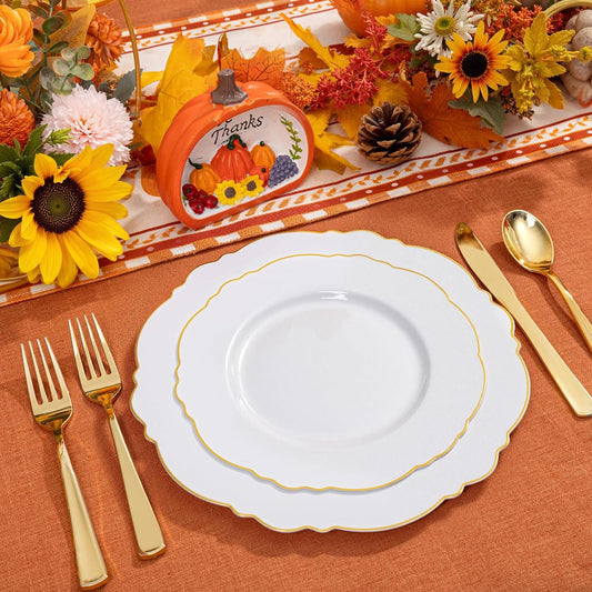 WDF 60pcs White and Gold Plastic Plates - Baroque White With Gold of 30 Heavy Duty Gold dinner plates 10.25inch, 30 Salad Plates 7.5inch Perfect for Thanksgiving Weddings/Party/Birthday