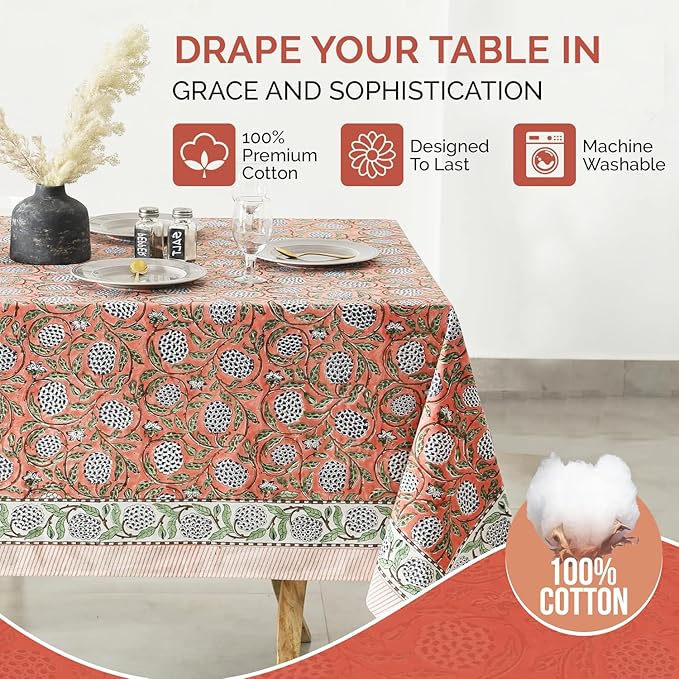 Labhanshi Indian Block Print Table Cloth|Washable Cotton Floral 72x135 Inch Rectangle 10-Seater Rustic FarmHouse Spring Easter Table Top Dining Cloth|Baby Shower Birthday Party Decor |Dark Salmon Pink