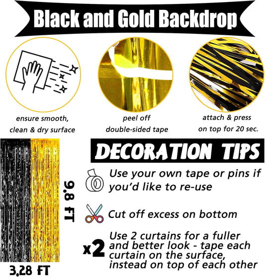 4 Pack 3.2Ft x 9.8Ft Black and Gold Fringe Curtain Backdrop, Metallic Tinsel Foil Fringe Streamers Curtains Background for Photo Booth Birthday Wedding Graduation Carnival Party Decorations