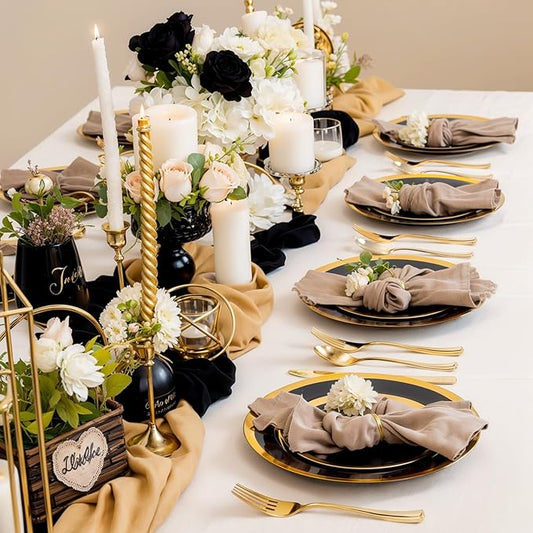 supernal 120pcs Black and Gold Plastic Plates Disposable Fancy Elegant Party Plates Heavy Duty Gold Plastic Dinnerware with Dinner and Dessert Size for Party, Valentine's Day Party and Wedding