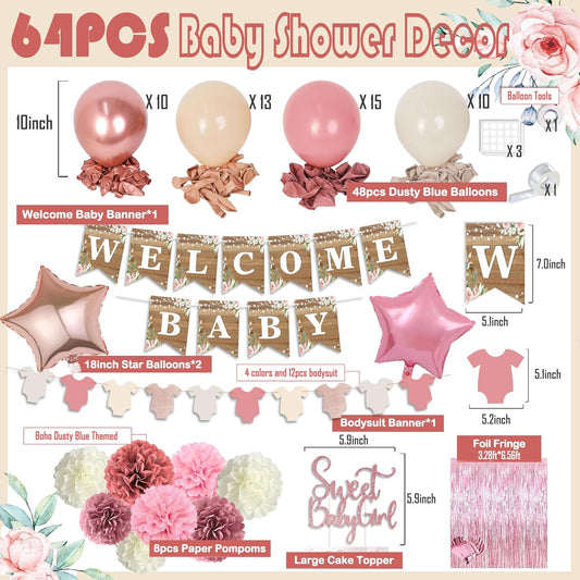 Dusty Pink Baby Shower Decoration, Girl Baby Shower Decor Set with Welcome Baby Banner, Sweet Baby-girl Cake Topper,Tissue Pom Poms,Retro Blush Rosegold Balloon,Boho Baby Gril Shower Party Supplies