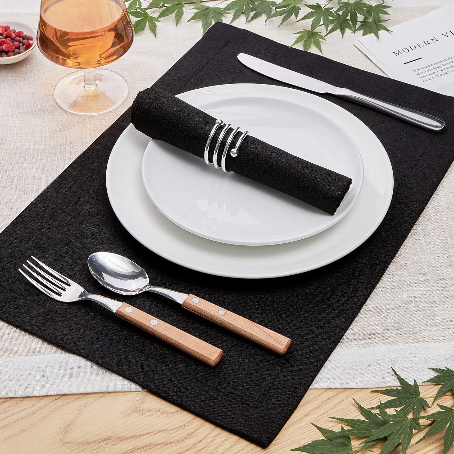 Mebakuk Cloth Placemats, Machine Washable Linen Style Thick Place Mats, Heat Resistant and Easy to Clean Fabric Table Mats for Kitchen Dining Table (Black, Set of 6)