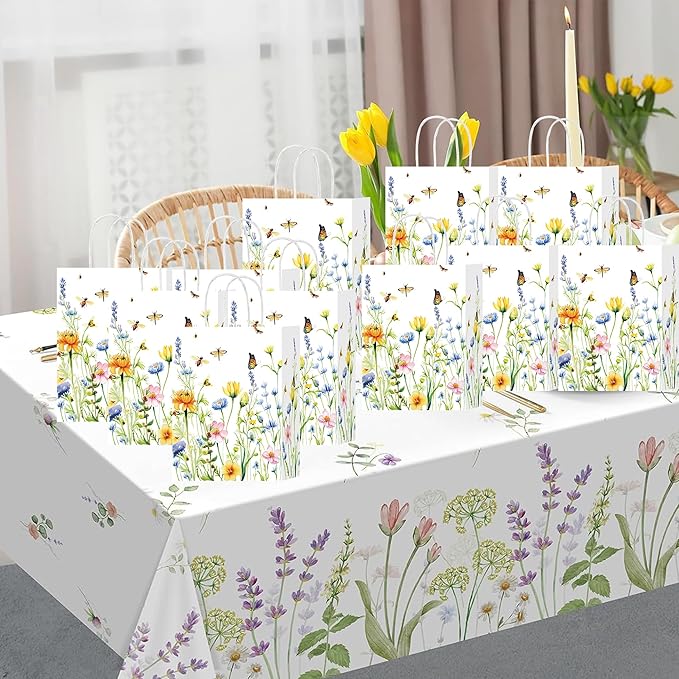 HongXingHai Wildflower Party Favor Bags 16Pack - Heavy-Duty Paper Gift Bags with Handles for Spring Garden Weddings, Bridal Showers, Birthday Tea Decorations