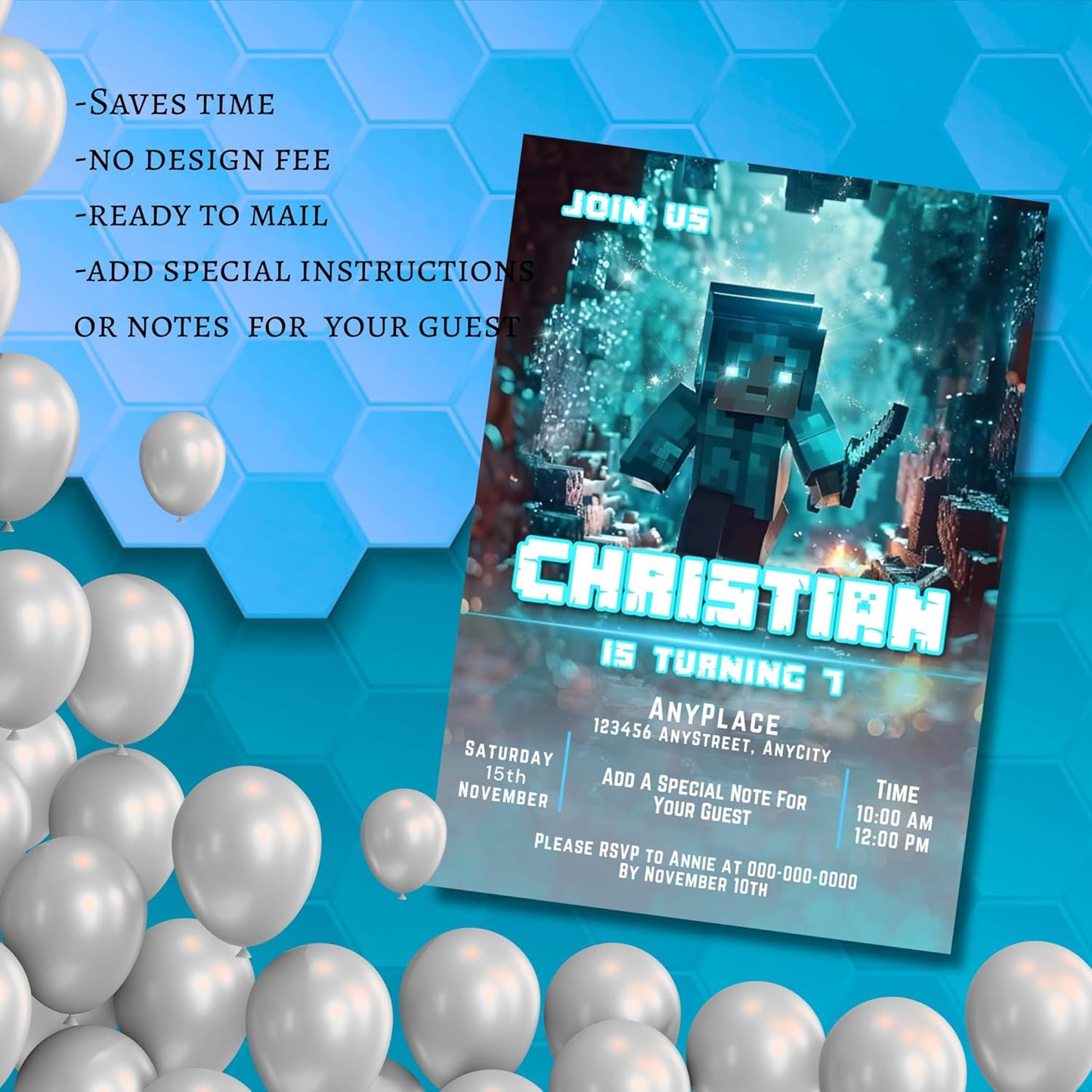 Fully Customizable minecraft Birthday Party Invitations, 4 x 6 inches, with Self-Sealing Envelopes, Gaming Theme Design, minecraft Birthday Invitations for Boys and Girls (Minecraft/Cave)