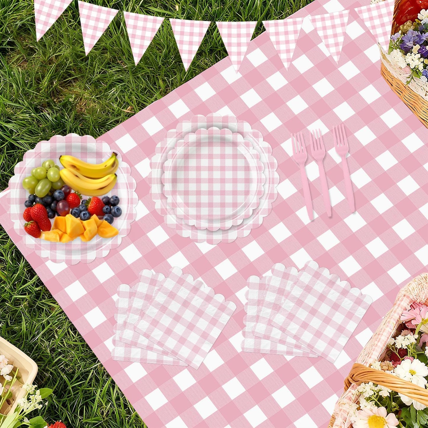 102 PCS Pink Gingham Party Supplies - Scalloped Plates, Napkins, Cups, Forks, Banner, Gingham Tablecloth for Baby Shower, Birthday, Pink Party Decorations, Serves 25