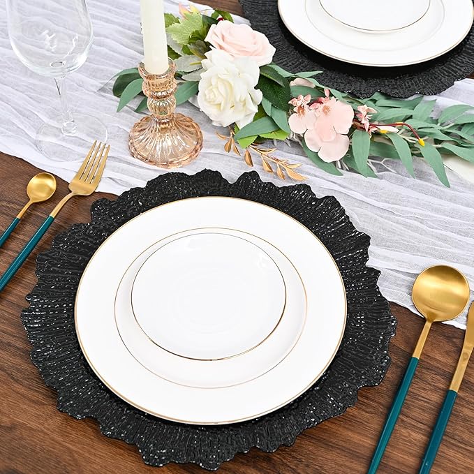 Pesonlook 24Pcs Black Charger Plates Round 13inch, Reef Plate Chargers for Dinner, Bulk Plastic Floral Table Charger Plates for Dinner Wedding Party Event Table Setting Decoration(Black)