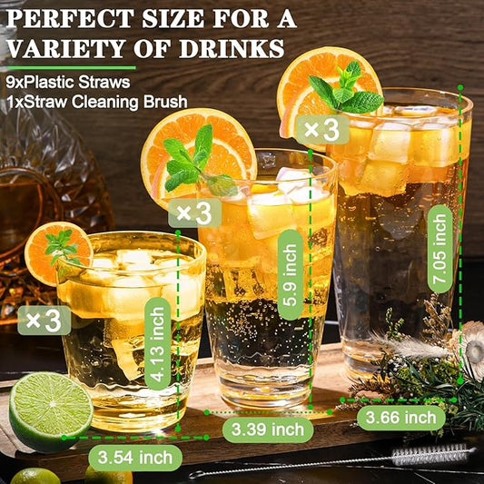9 Pcs Plastic Drinking Tumblers Set of 14/18/24 oz, Acrylic Drinking Glasses with Straw&PP Brush, BPA-Free, Stackable Water Cups, Clear Cups for Juice, Wine (14/18/24 oz-9 pcs)