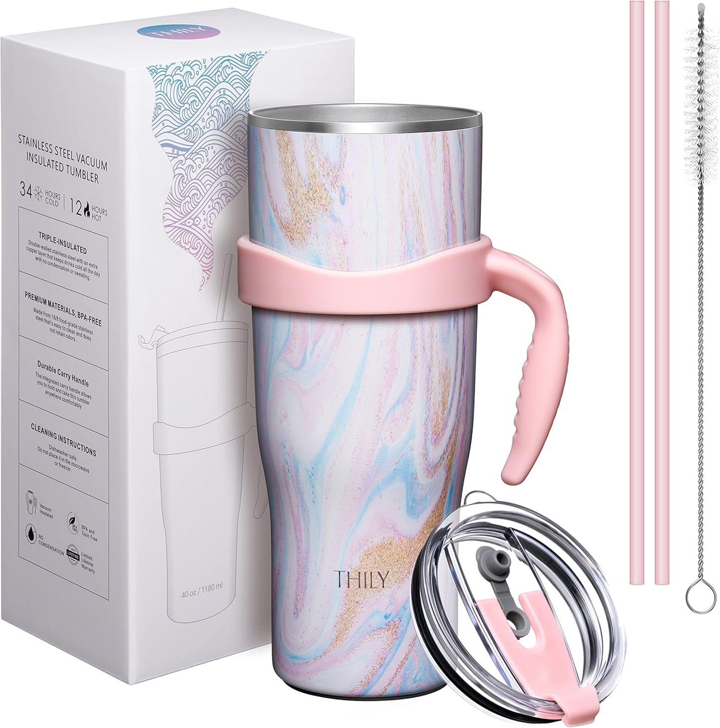 THILY Stainless Steel Vacuum Insulated Tumbler 40 oz Coffee Travel Mug with Handle and Lid, Sweat Proof, Keep Drinks Cold for 34 Hours or Hot for 12 Hours, Pink Ripple