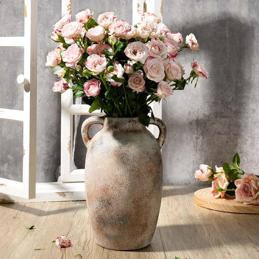 Rustic Ceramic Flower Vase with 2 Handles, Small Decorative Terracotta Boho Vase for Living Room, Table Centerpiece, Shelf Decor, Farmhouse, Entryway - 9.8 Inch Tall, Vintage Gray