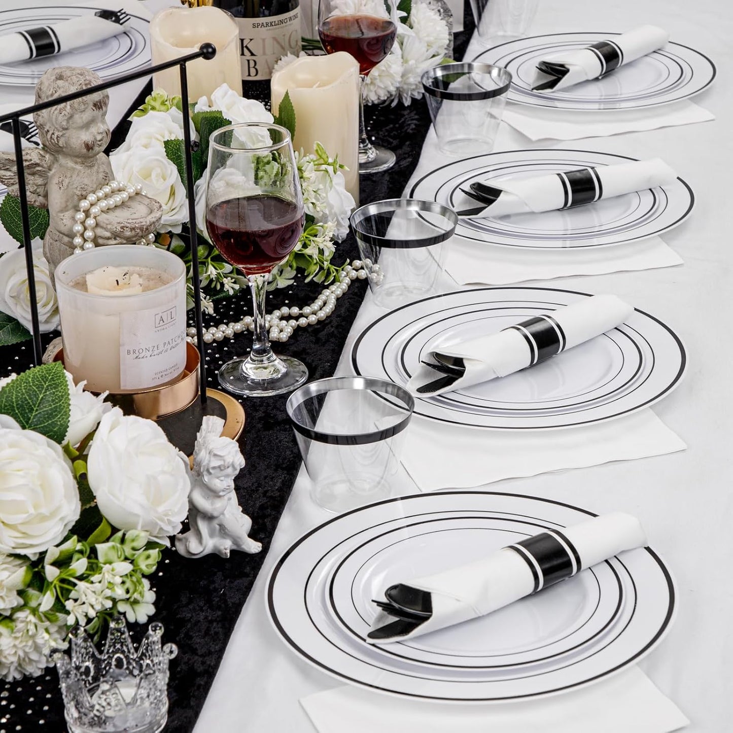 WELLIFE 350Pcs Black Plastic Dinnerware with Pre Rolled Napkins, Include:50 Dinner Plates, 50 Dessert Plates, 50 Paper Napkins, 50 Cups, 150 Plastic Cutlery