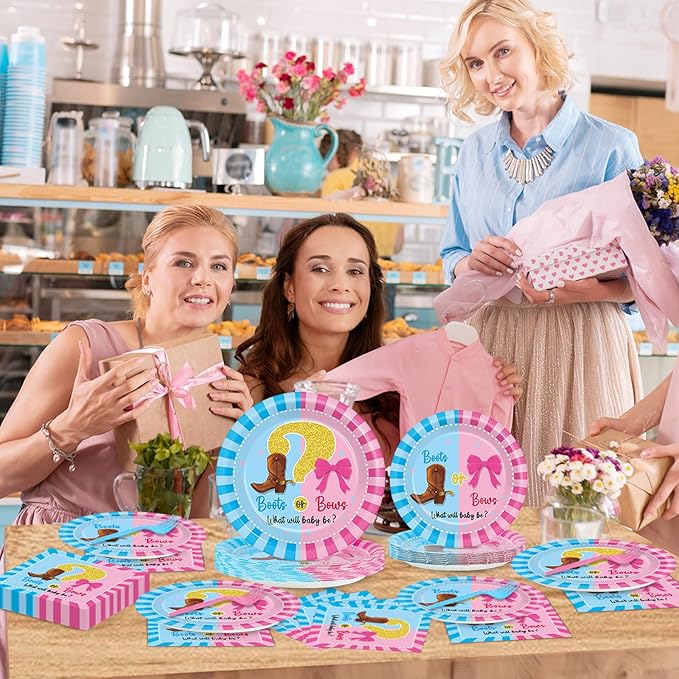 OBUSATT 96Pcs Boot or Bows Gender Reveal Party Decoration Boy or Girl Paper Plates Napkins Blue or Pink Supplies Boot or Bows Dinnerware Set Disposable Favor for Baby Shower Gender Reveal Serves 24