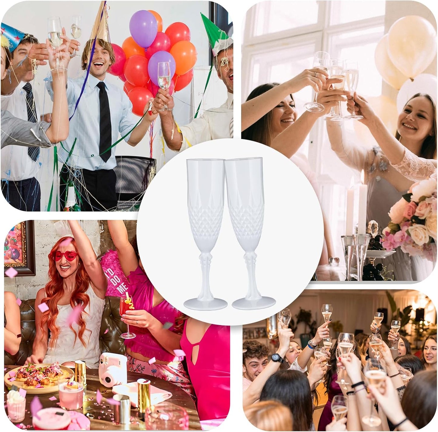 Plastic Champagne Flutes,48PCS White Solid Wine Glasses Goblets Shatterproof Mimosa Bar Reusable Vintage Champagne Flutes Stemmed Drinking Cups for Weddings, Bachelor Parties, Toasting,Cava, Prosecco