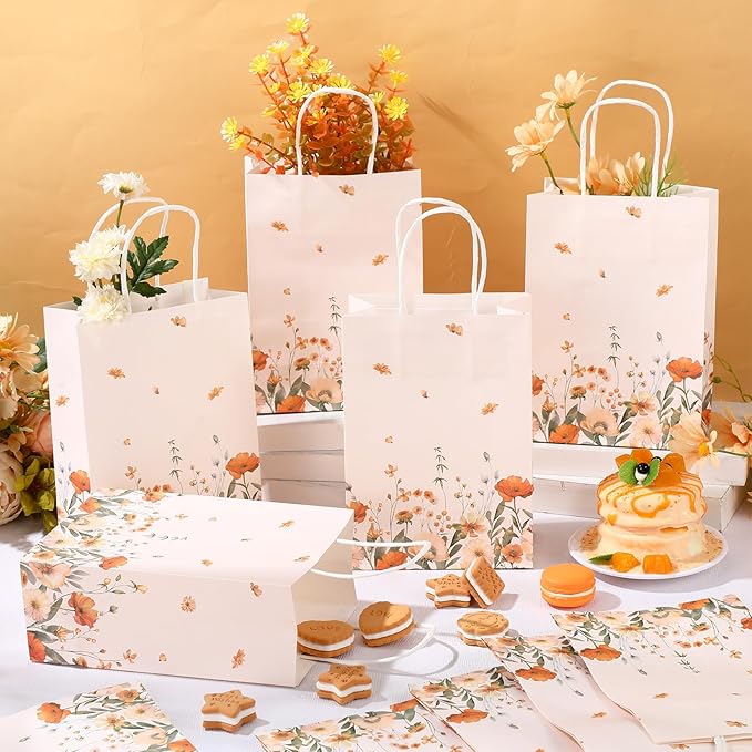 Marspark 24 Pcs Thanksgiving Floral Paper Gift Bags Wildflower Treat Bag with Handles for Wedding Birthday Baby Shower Autumn Floral Candy Goodie Bag for Guests, 8.3'' x 5.9'' x 3.1''(Vintage)