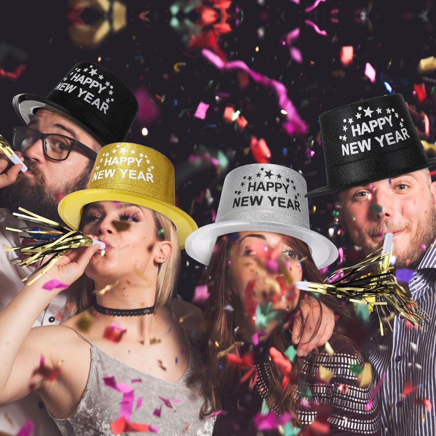 Poen 48 Pcs New Years 2026 Eve Party Supplies Included 24 Plastic Glitter Hats 24 Metallic Fringed Noise Makers for Happy New Year Decorations