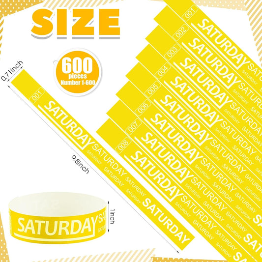 Henoyso 600 Pcs Saturday Paper Wristbands Event Admission Paper Bracelets Numbered Waterproof Party Armbands for Events Day of The Week(Yellow)